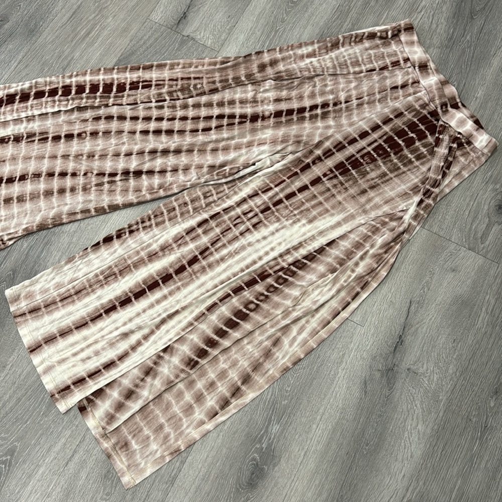 Women’s High Waisted Palazzo Tye Die Side Slit Pants Medium Brown Tan Cream - Picture 10 of 11